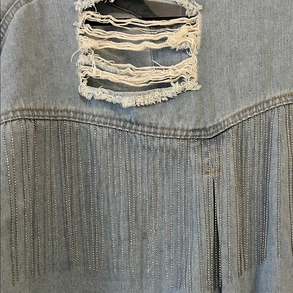 Rhinestone tassels,  Distressed Denim Jacket - Picture 3 of 4
